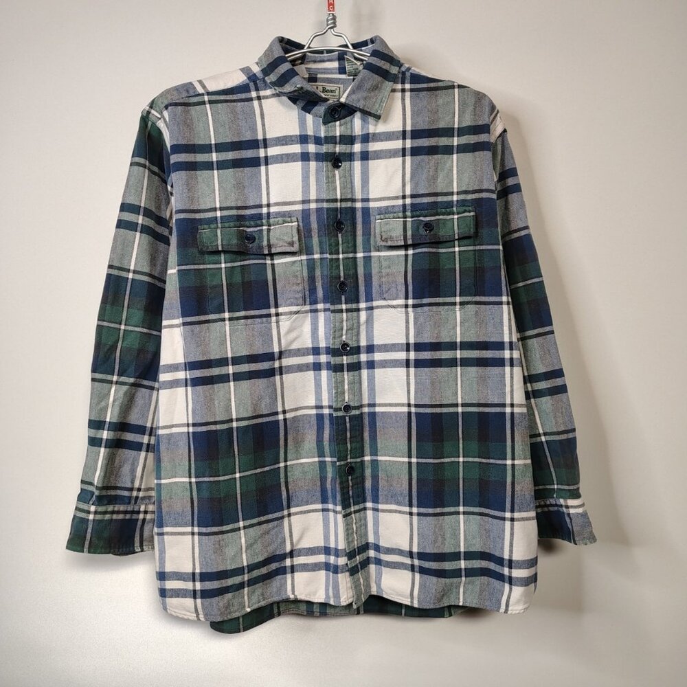 VINTAGE LL Bean Chamios Cloth‎ Shirt Green Blue Plaid LS Button Down Flannel